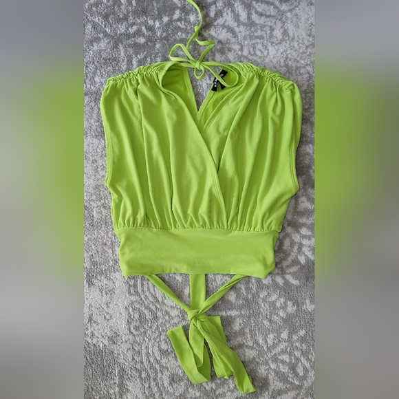 Express Smooth Matte Draped Front Tie Waist, Split Open Back Top, Lime Size XS - Picture 3 of 10
